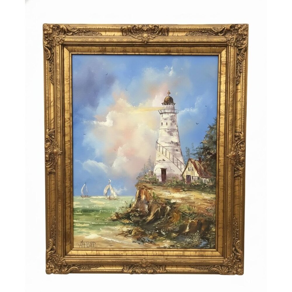 Vtg XL Original Lighthouse Oil Painting  Jay Bird Ornate Frame  Coastal Scene
